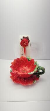 Certified International CR Holidays Poinsettia Cup Saucer Spoon Christmas Set Ha